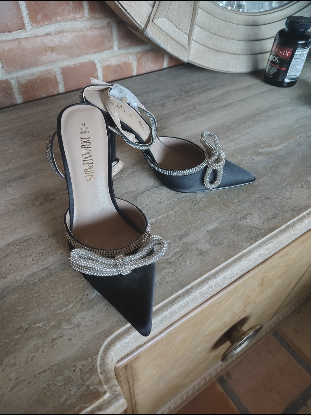Dream Pairs Black Pointed Toe Crystal Bow Slingback Heels